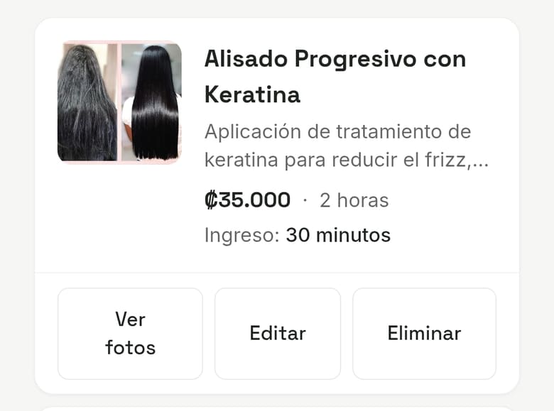 Tarjeta de un servicio en el panel, con fotos de antes y después, precio y duración