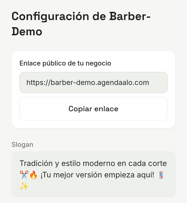 Pantalla de configuración del negocio con el enlace público para copiar y compartir