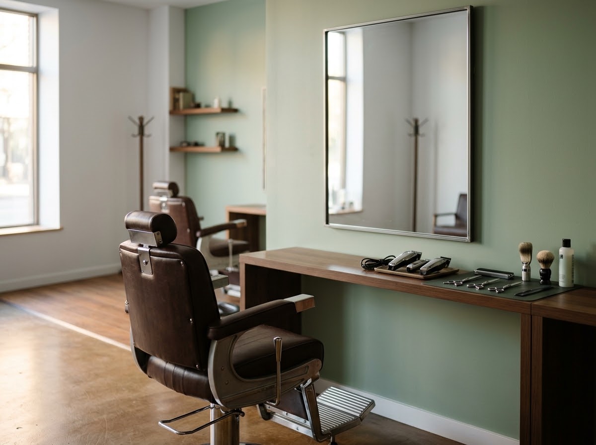 Silla de barbero vacía frente a un espejo, con las herramientas ordenadas en el mostrador
