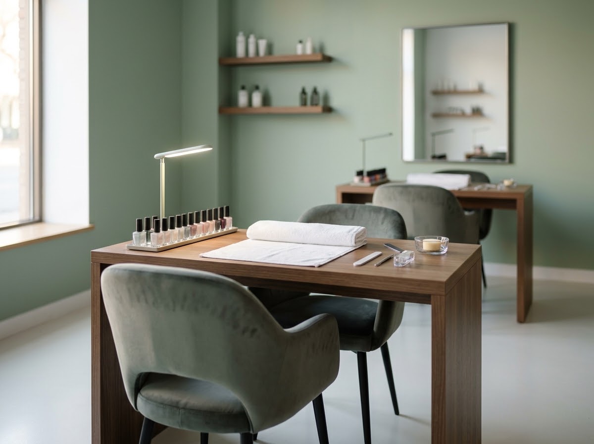 Mesa de manicura vacía con lámpara encendida y los esmaltes ordenados